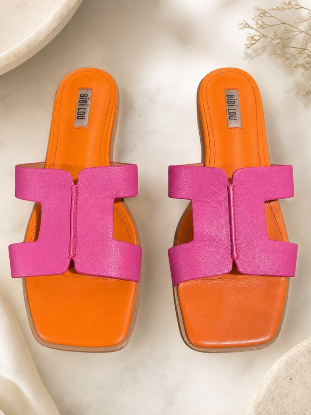 BiBi Lou Pink and Orange Leather Slide Sandals Size 8